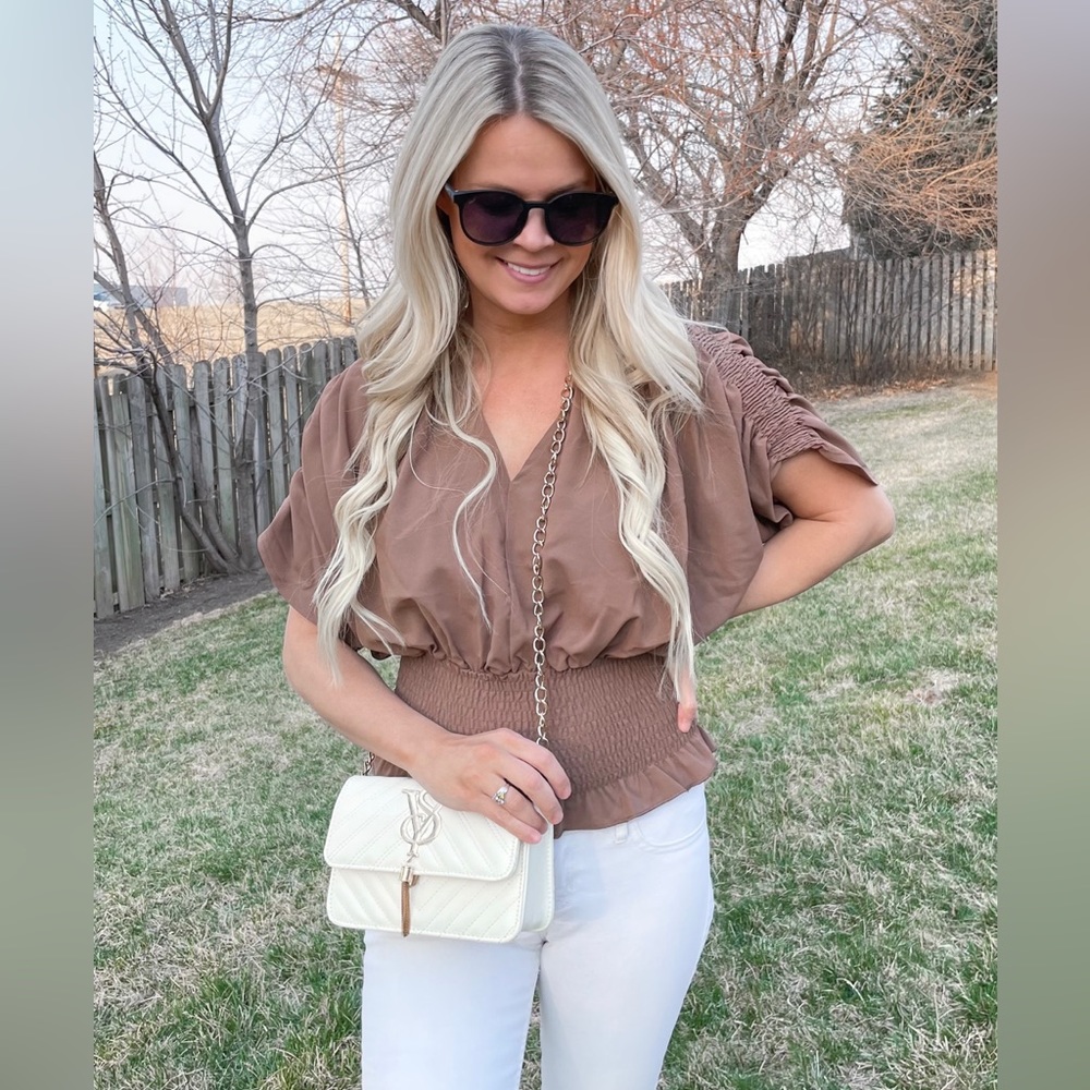 Cropped v-neck blouse w smocked waist and tie knot in the back - brand new
